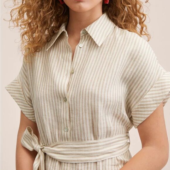 Mango 100% Linen Striped Belted Shirt Dress New - Picture 10 of 11